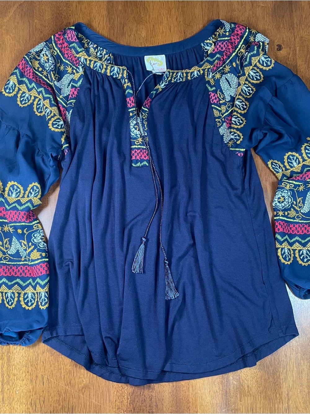 fig and flower Navy Embroidered Peasant Tunic with Tassels